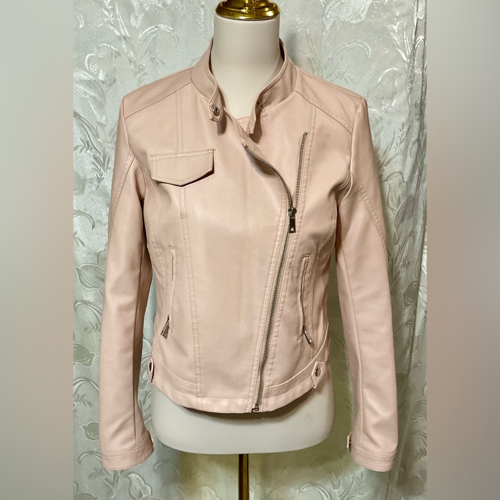 YILANUOYI Blush/Pink Women’s Faux Leather Motor Jacket Zip Up Slim Biker Coat